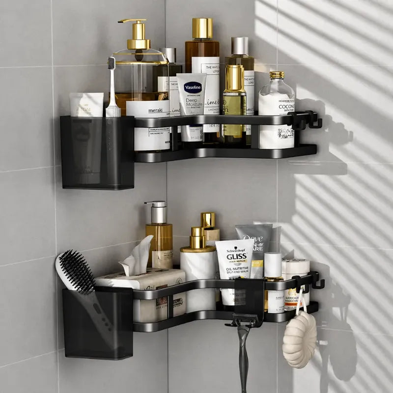 Set x2 Repisas Esquineras Organizadoras para Baño – Aluminio Negro Mate