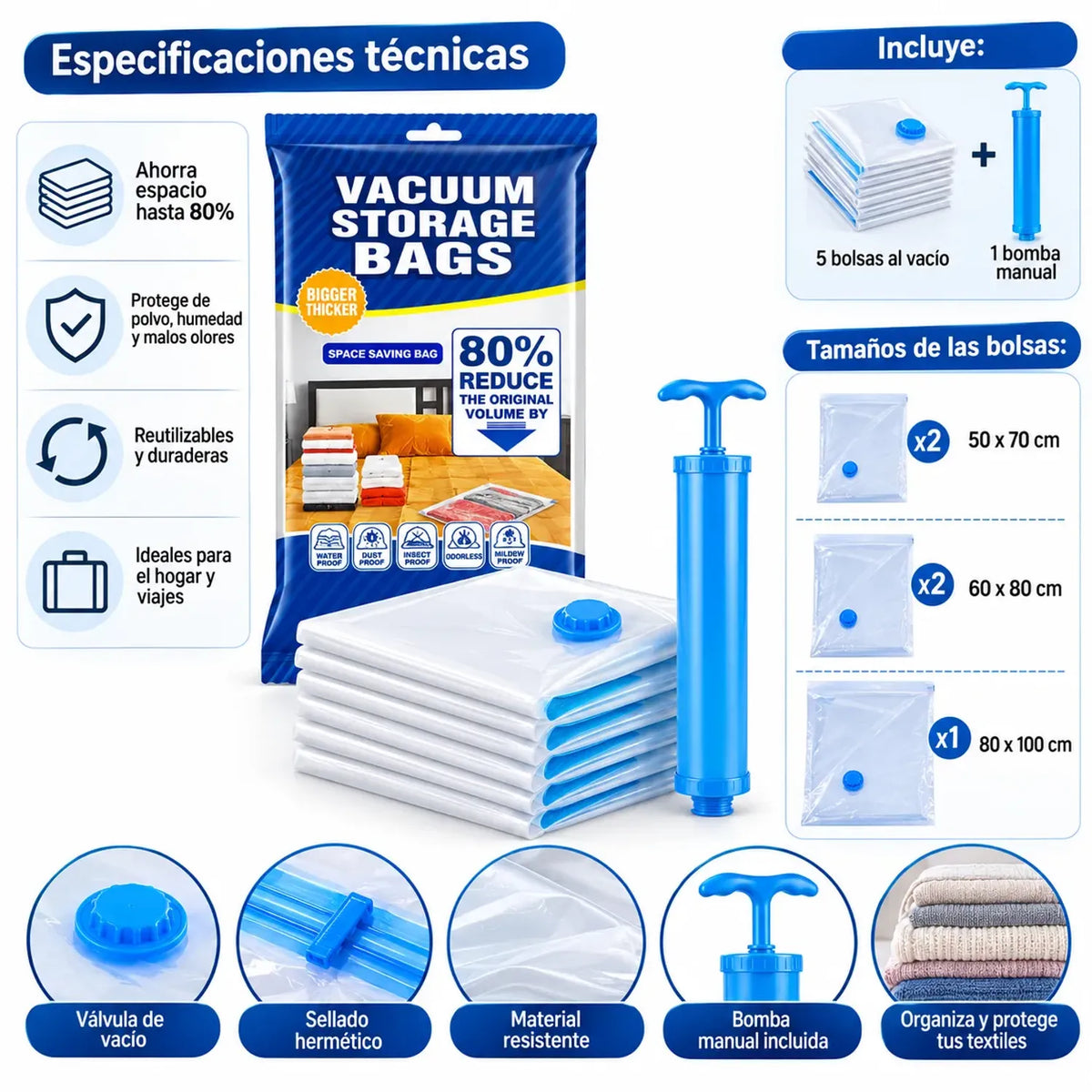Set de 5 Bolsas al Vacío con Bomba Manual - Ahorra 80% Espacio